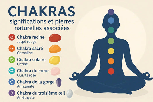 Illustration des 7 chakras avec les pierres naturelles associées – article Hykcos sur l’énergie et la lithothérapie