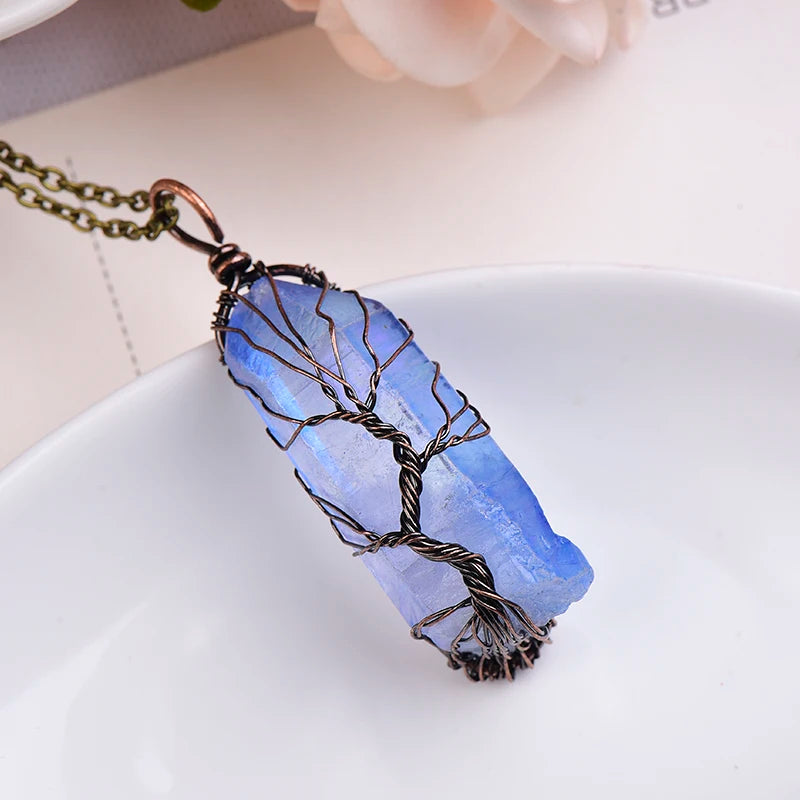 Image de pendentif arbre de vie en aigue-marine naturelle collier énergétique en bronze ou argenté - aigue-marine naturelle