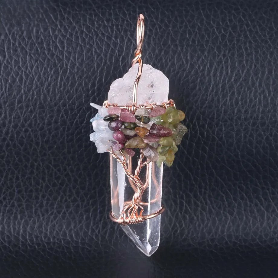 Pendentif Arbre de Vie en Cristal de Roche Naturel — Fait Main avec Fil Plaqué Or Rose et Pierres Chakra