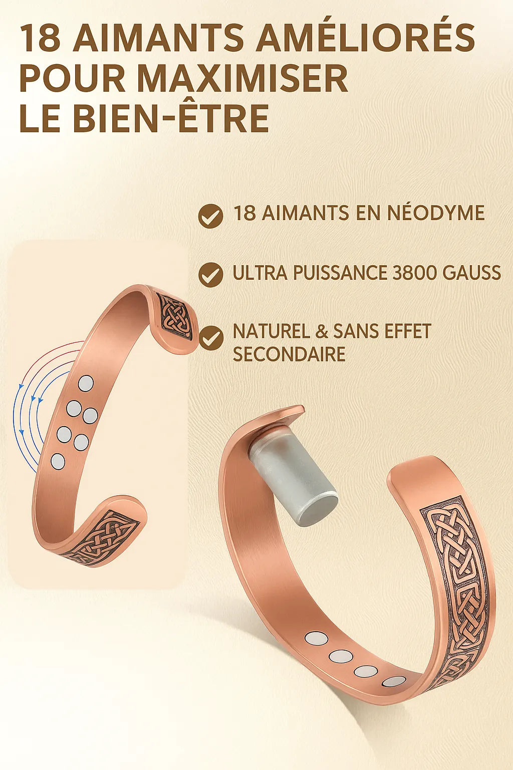 Bracelet HYKCOS en Cuivre Pur – Thérapie Magnétique 3500 Gauss | Énergie & Bien-Être