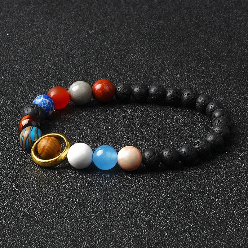Bracelet système solaire avec perles représentant les planètes et perles en pierre de lave noire, bijou cosmique et spirituel pour femme