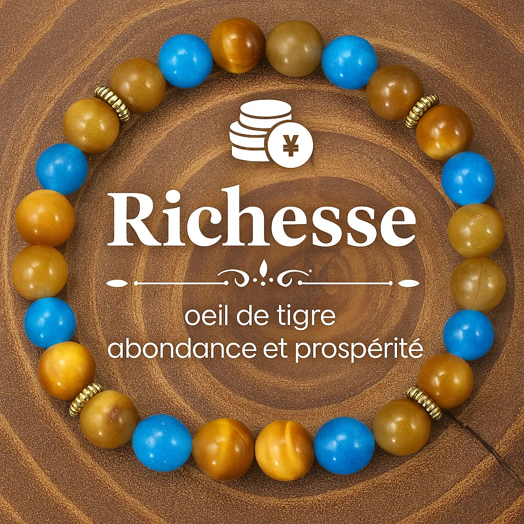 Bracelet énergétique en œil de tigre et agate bleue pour attirer richesse et succès.