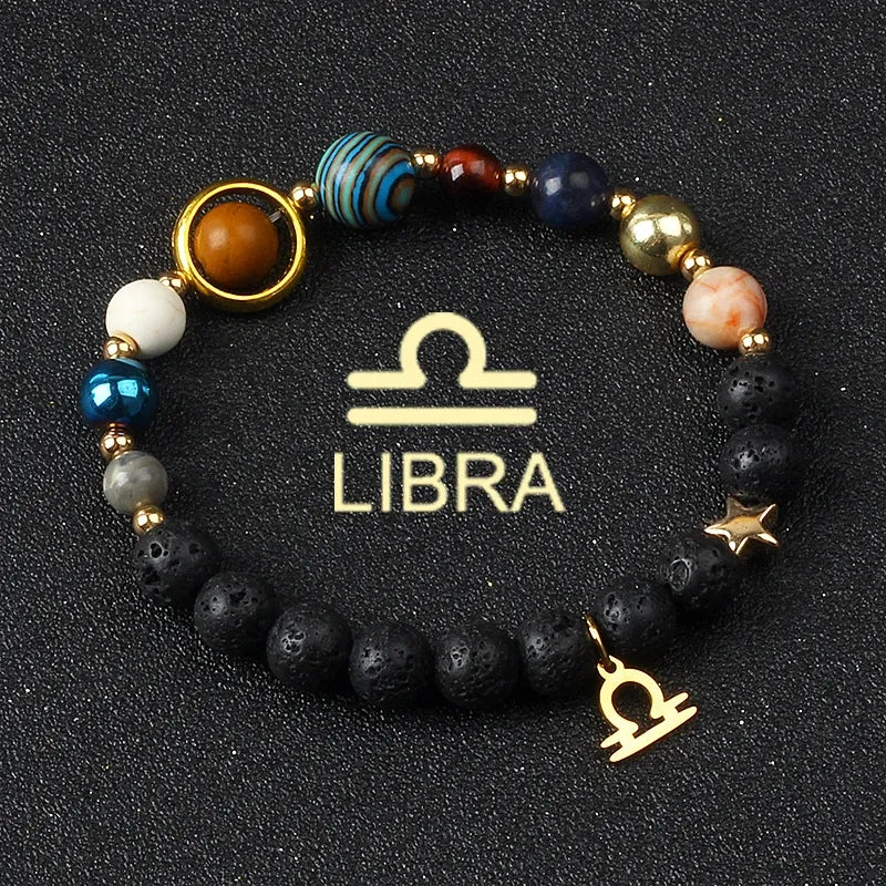 Bracelet zodiaque Balance raffiné, avec perles dorées et pierre volcanique noire pour diffusion d’huiles