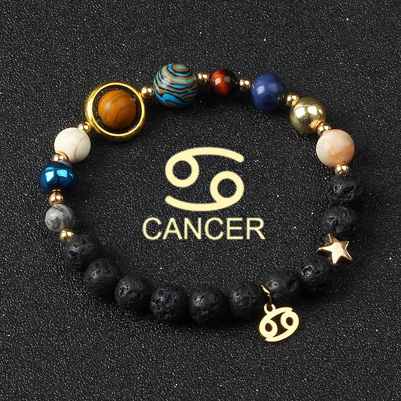 Bracelet zodiaque Cancer décoré de pierres du système solaire, perles de lave noire pour aromathérapie