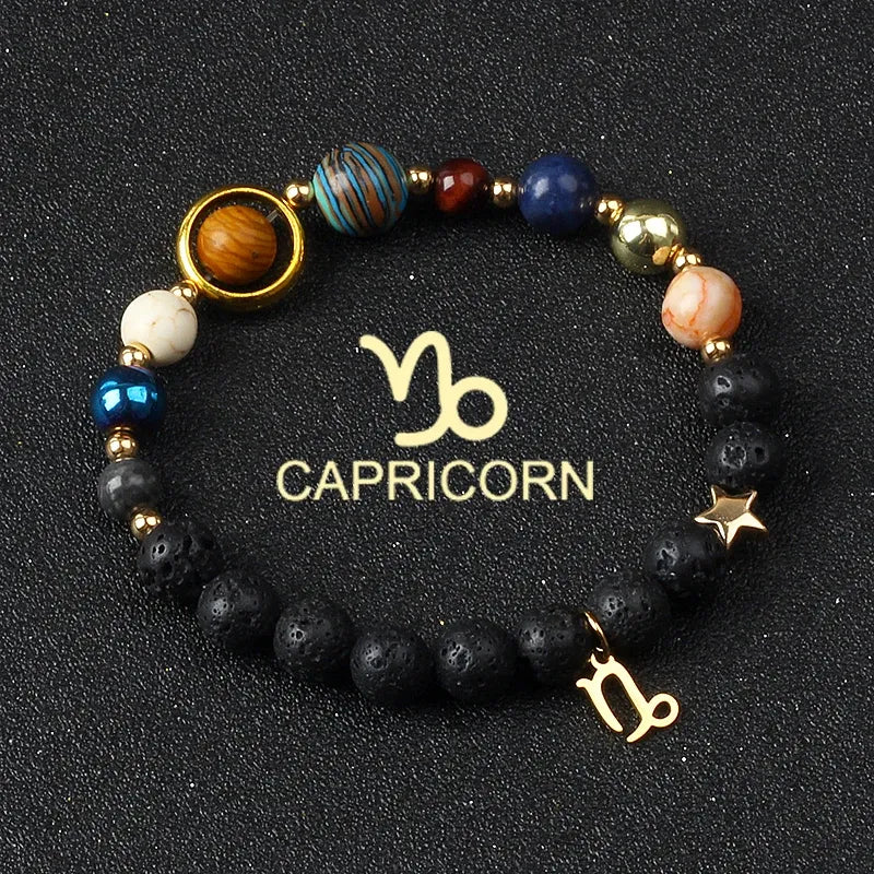 Bracelet zodiaque Capricorne en pierre de lave, perles du système solaire et pendentif astrologique