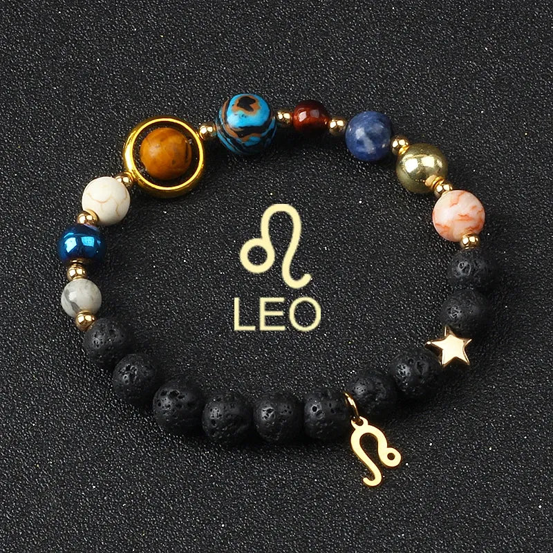 Bracelet zodiaque Lion en pierre de lave et perles astrologiques, bijou céleste pour énergie solaire