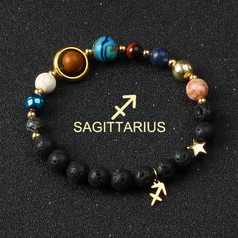 Bracelet zodiaque Sagittaire symbolique, avec pierres des planètes et charme astrologique doré