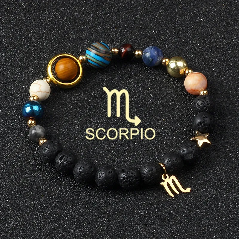 Bracelet zodiaque Scorpion avec planètes et signe doré, bijou mystique en pierre de lave pour femme