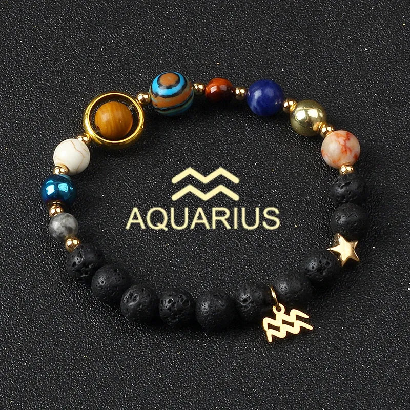 Bracelet zodiaque Verseau avec pierre volcanique noire et charme doré, bijou astral et diffuseur