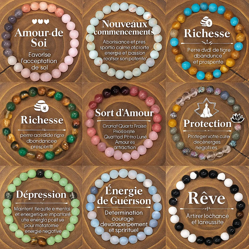 Collection de bracelets en pierres naturelles avec bienfaits traduits en français : amour, richesse, protection, énergie, et plus.