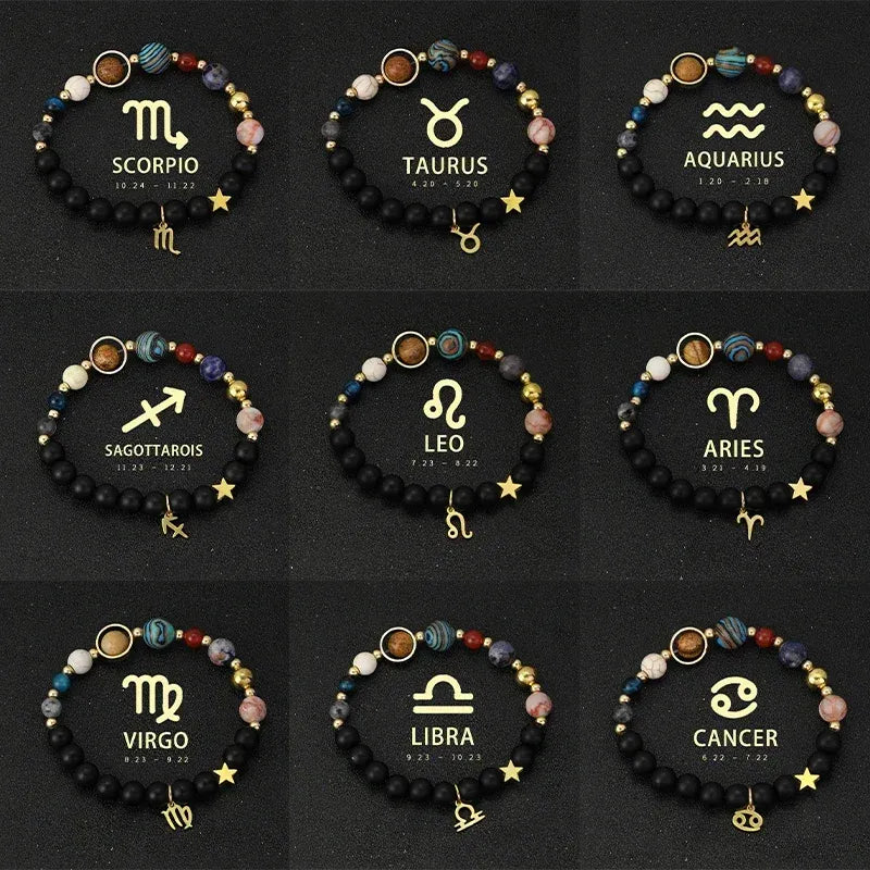 Collection de 12 bracelets zodiaque en pierre de lave avec symboles astrologiques dorés, bijou spirituel pour chaque signe astrologique