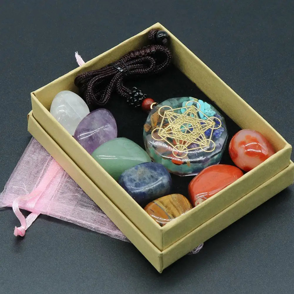 Image de kit de pierres précieuses naturelles pour chakras - pendentif orgonite, méditation, reiki, yoga et collection cadeaux - chakras