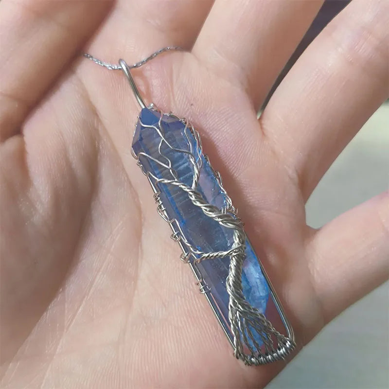 Pendentif Arbre de Vie en Aigue-Marine Naturelle Collier Énergétique en Bronze ou Argenté