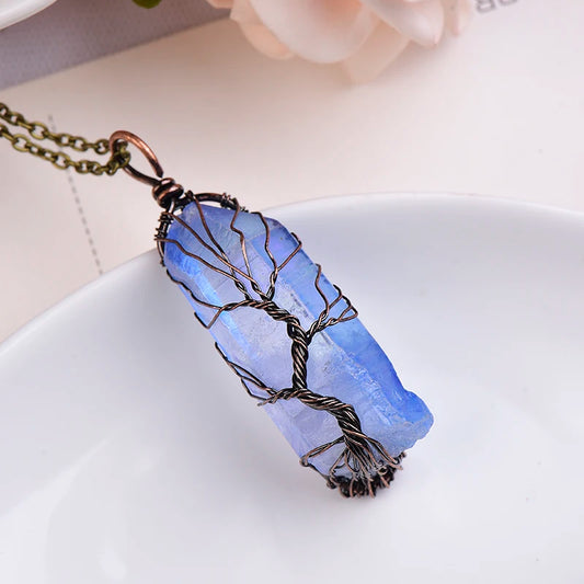 Image de pendentif arbre de vie en aigue-marine naturelle collier énergétique en bronze ou argenté - aigue-marine naturelle