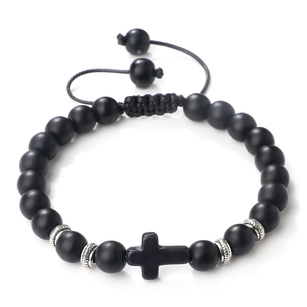 Bracelet Homme Croix de Prière en Pierre Naturelle – Œil de Tigre, Bois et Pierre de Lave – Fait Main