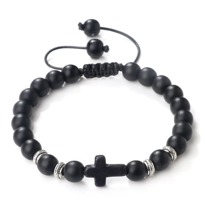 Bracelet Homme Croix de Prière en Pierre Naturelle – Œil de Tigre, Bois et Pierre de Lave – Fait Main