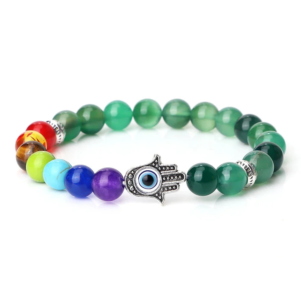 Bracelet 7 Chakras en pierres naturelles — Harmonie, protection et énergie spirituelle avec Œil de tigre et main de Fatma