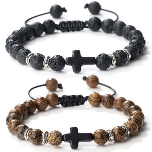 Image de bracelet homme croix de prière en pierre naturelle – œil de tigre, bois et pierre de lave – fait main - bijou fait main homme