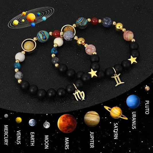 Bracelets astrologiques système solaire avec pierre de lave, perles représentant les planètes et symboles du zodiaque, bijou spirituel pour femme ou homme
