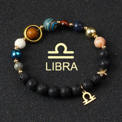 Bracelet zodiaque Balance raffiné, avec perles dorées et pierre volcanique noire pour diffusion d’huiles