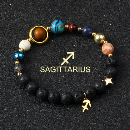 Bracelet zodiaque Sagittaire symbolique, avec pierres des planètes et charme astrologique doré