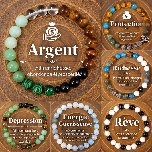 bracelets bien-être en pierres naturelles pour la richesse, la protection, la santé et les rêves.