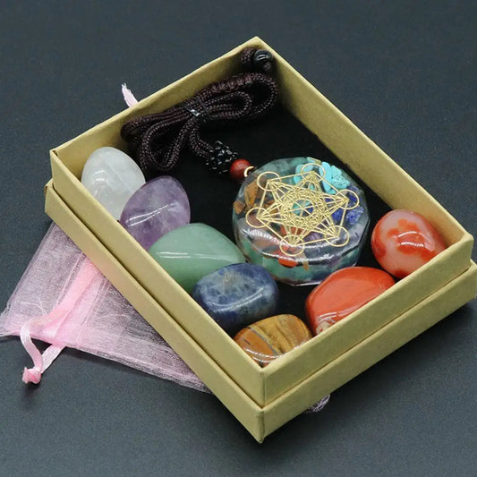 Image de kit de pierres précieuses naturelles pour chakras - pendentif orgonite, méditation, reiki, yoga et collection cadeaux - chakras